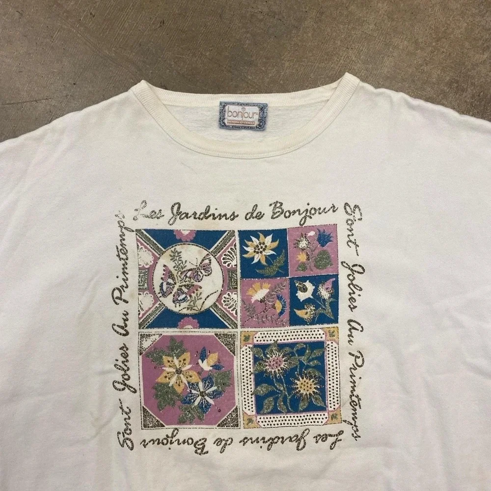 Vintage Bonjour 90 French France Floral Flowers Women's Sweatshirt Crewneck XL